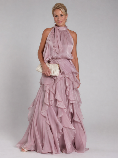 Elegant Maxi Dress for Women with Halter Neck Ruffle Tiered Skirt Satin Sleeveless Wedding Guest Style