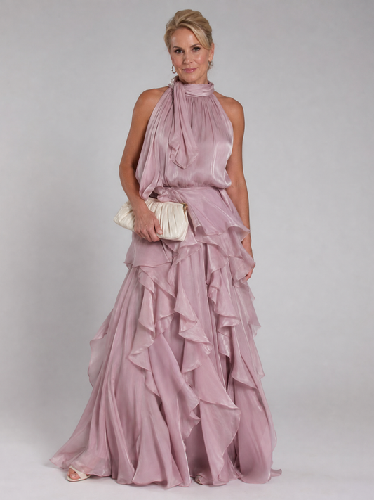 Elegant Maxi Dress for Women with Halter Neck Ruffle Tiered Skirt Satin Sleeveless Wedding Guest Style