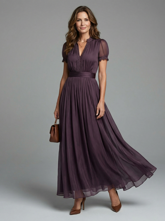 Elegant Purple Maxi Dress for Women with V-Neck Lace Trim Short Sleeve Gathered Waist Wedding Guest Style