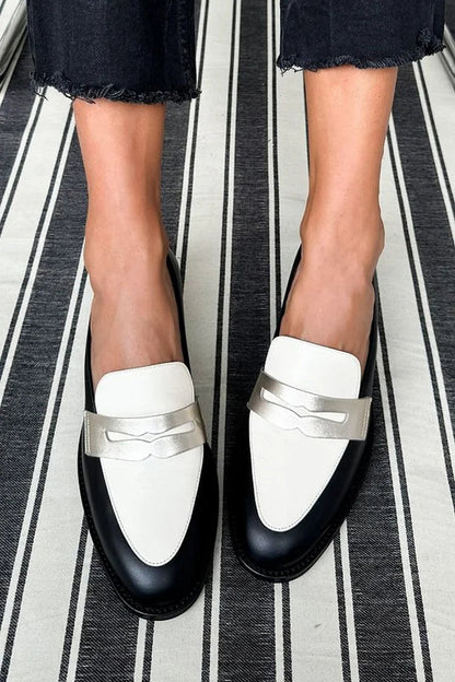 Cora | Stylish Black and White Penny Loafers for Women in Flat Style