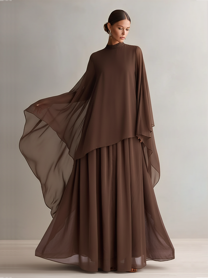 Elegant Brown Maxi Dress for Women with Turtleneck Cape Sleeve Flowing Chiffon Formal Wedding Guest Style