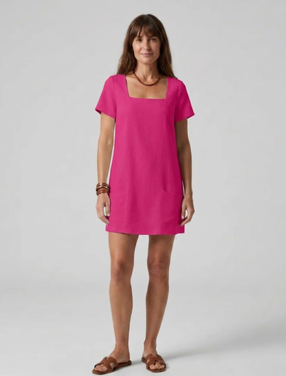 Elegant Pink Linen Mini Dress for Women with Square Neck Short Sleeve Patch Pocket Shift Style