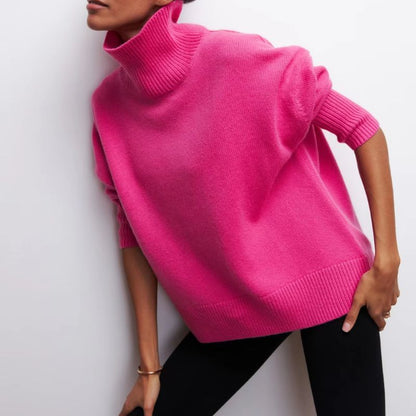 Comfortable Knit Sweater for Women with Turtleneck Short Sleeve Oversized Poncho Style