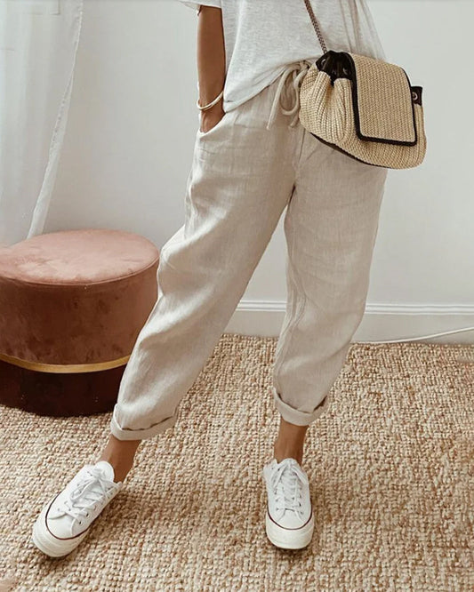 Effortless Linen Tapered Pants for Women with High Waist Drawstring Relaxed Cuffed Hem Casual Style