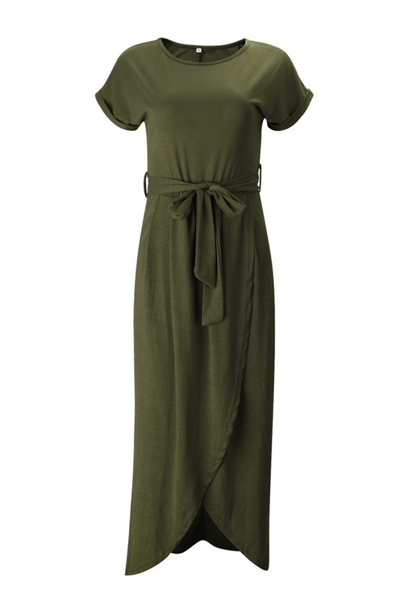 Effortless Knit Midi Dress for Women with Round Neck Cap Sleeve Wrap Tie Waist Slit Casual Style