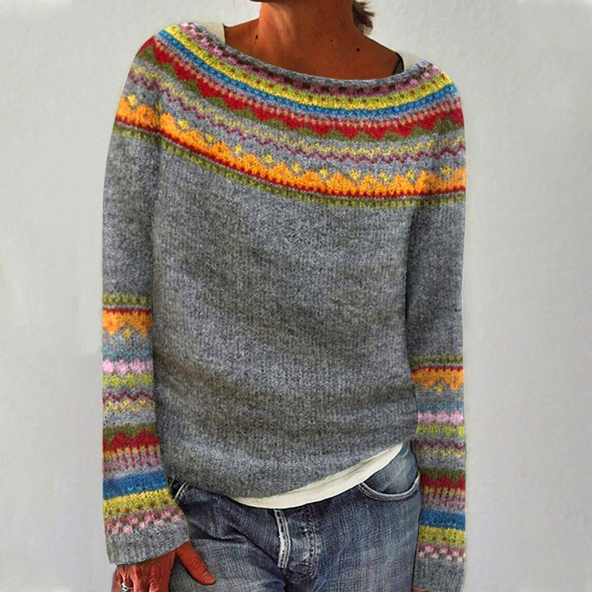 Comfortable Ombre Fair Isle Sweater for Women with Crew Neck Long Sleeve Relaxed Oversized Knit Style