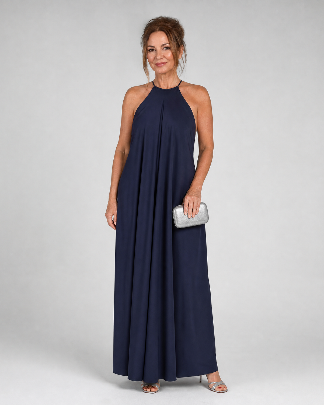 Elegant Navy Cocktail Dress for Women with High Neck Sleeveless Draped Open Back Style