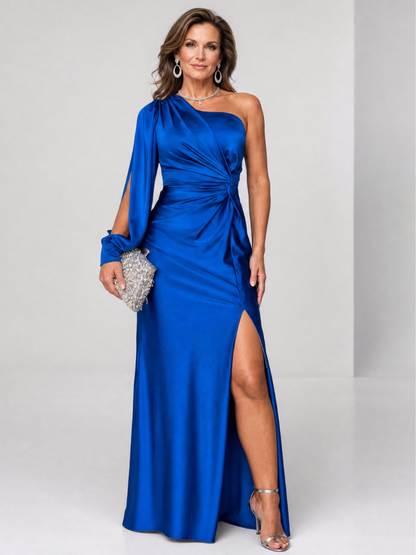 Elegant Satin Maxi Dress for Women with One Shoulder Split Sleeve Draped Waist Side Slit Formal Wedding Guest Style