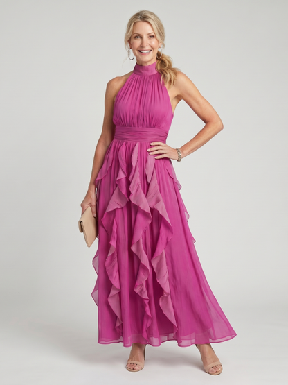 Elegant Pink Chiffon Cocktail Dress for Women with Halter Neck Ruffle Tiered Maxi Formal Wedding Guest Style