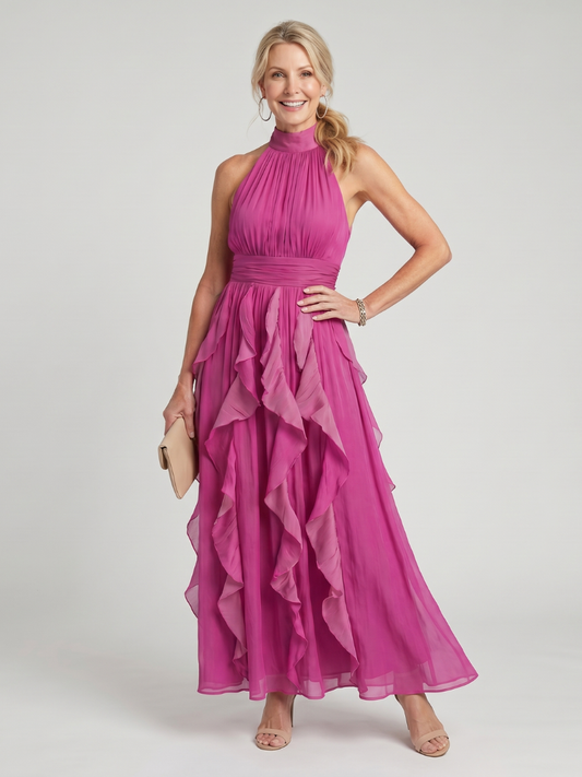 Elegant Pink Chiffon Cocktail Dress for Women with Halter Neck Ruffle Tiered Maxi Formal Wedding Guest Style