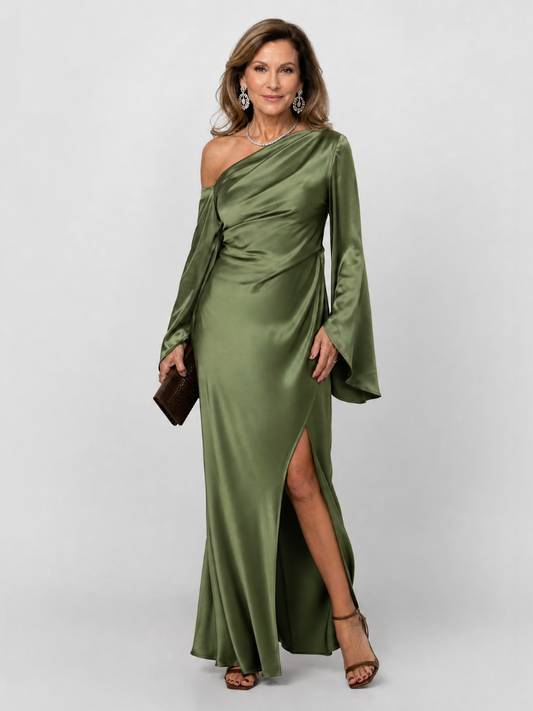 Elegant Green Satin Maxi Dress for Women with One Shoulder Cape Sleeve Side Slit Formal Wedding Guest Style