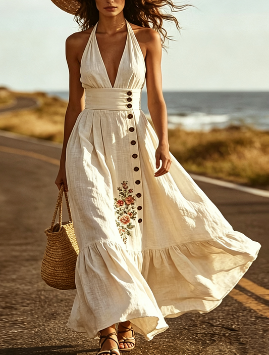 Elegant Beige Halter Maxi Dress for Women with Floral Embroidery Boho Sundress