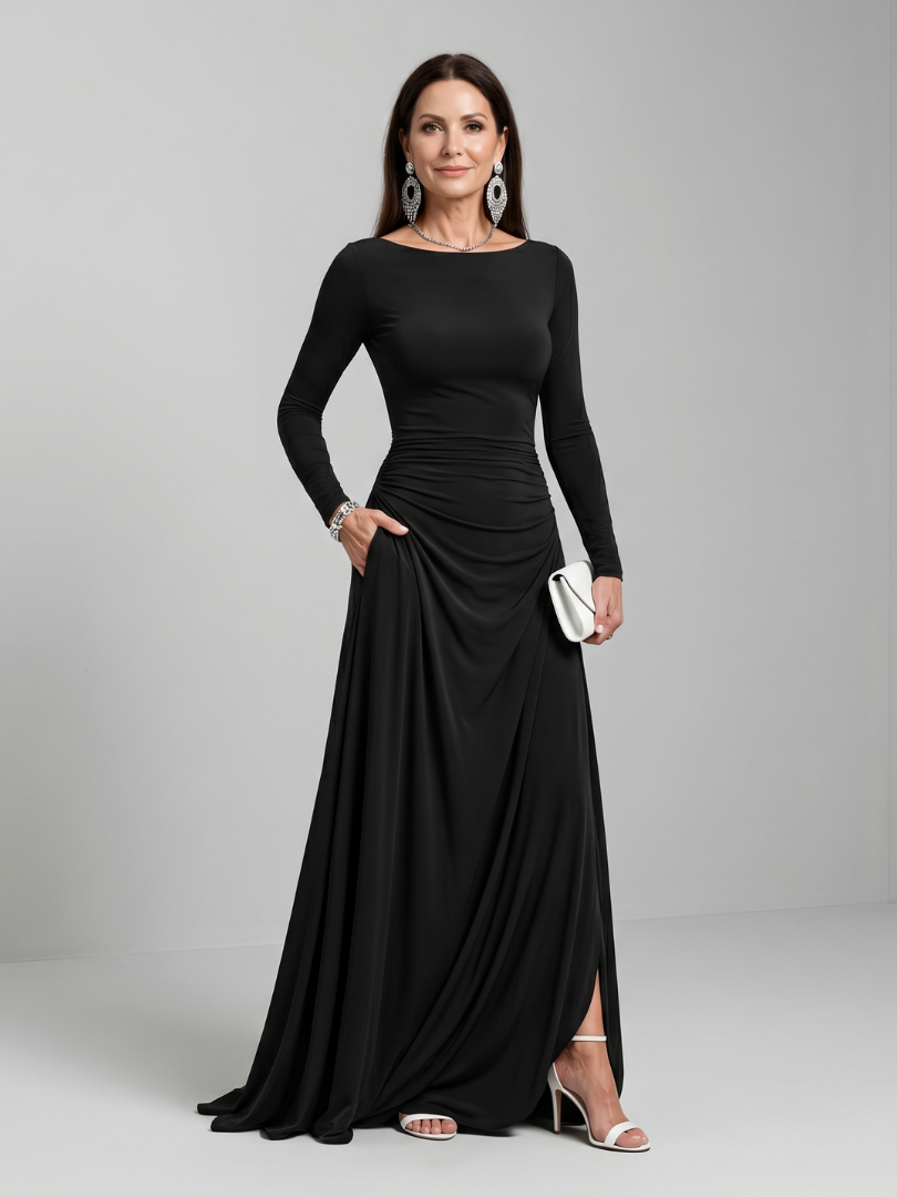 Elegant Black Long Sleeve Autumn Wedding Guest Dress for Women with Boat Neck Ruched Draped Column Style