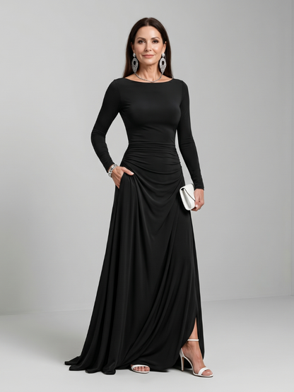 Elegant Black Long Sleeve Autumn Wedding Guest Dress for Women with Boat Neck Ruched Draped Column Style