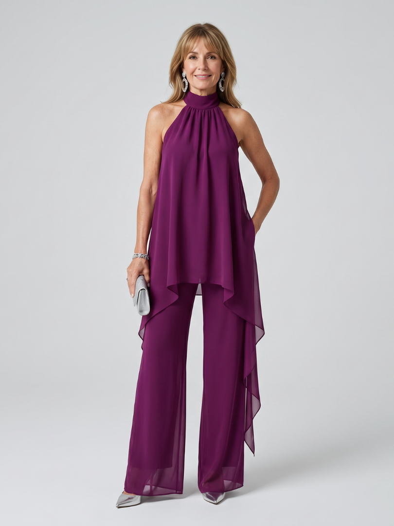 Elegant Purple Chiffon Two Piece Set for Women with Halter Top Draped Overlay Wide Leg Pant Formal Style