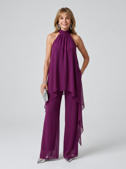 Elegant Purple Chiffon Two Piece Set for Women with Halter Top Draped Overlay Wide Leg Pant Formal Style