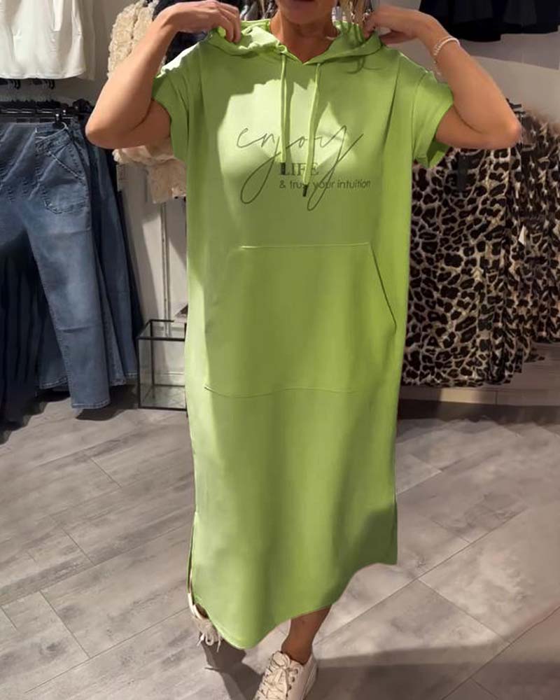 Comfortable Orange Hoodie Midi Dress for Women with Drawstring Hood Short Sleeve Kangaroo Pocket Relaxed Style