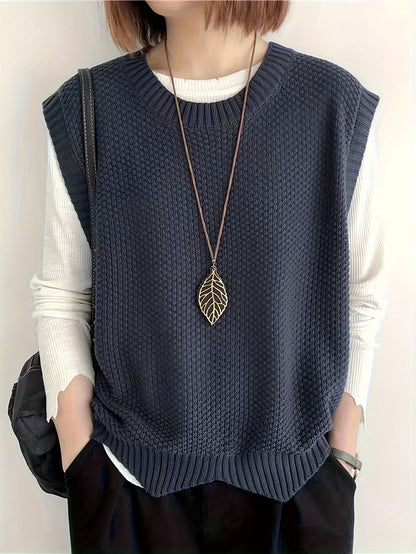 Comfortable Chunky Knit Sweater Vest for Women with Crew Neck Sleeveless Ribbed Trim Relaxed Oversized Style