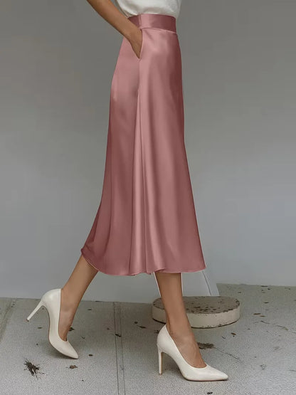 Elegant Satin Midi Skirt for Women with High Waist A Line Pocket Flowing Style