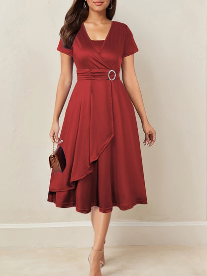 Elegant Ruched Cocktail Dress for Women with Surplice Neck Short Sleeve Asymmetrical Ruffle Hem Formal Wedding Guest Style