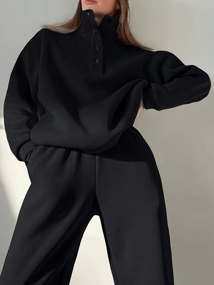 Comfortable Fleece Sweatsuit for Women with Mock Neck Snap Button Long Sleeve Oversized Two Piece Style