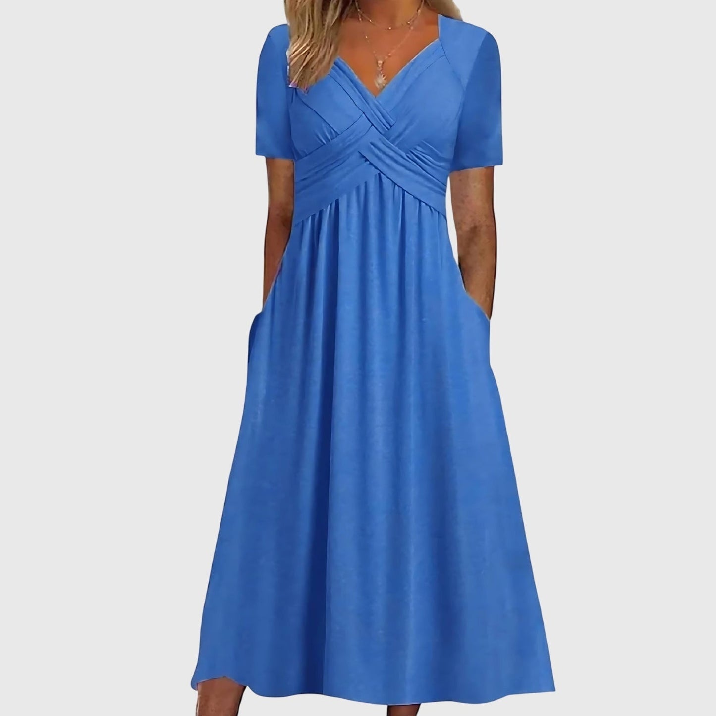 Effortless Midi Dress for Women with V-Neck Crossover Waist Short Sleeve Pocket Casual Style