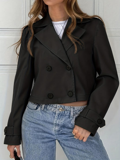 Elegant Brown Cropped Pea Coat for Women with Notched Lapel Long Sleeve Double Breasted Casual Style