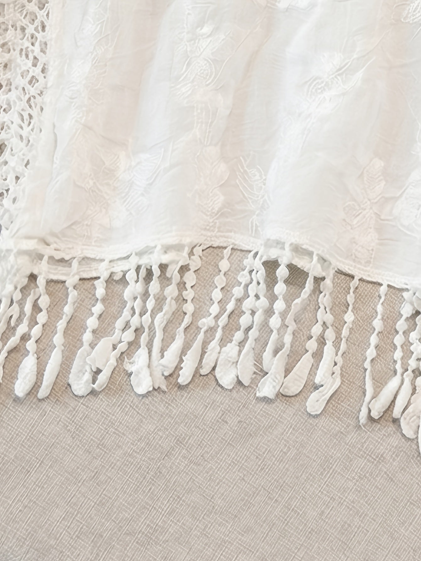 Effortless Cream Poncho Shirt for Women with Crochet Lace Fringe Hem Draped Style