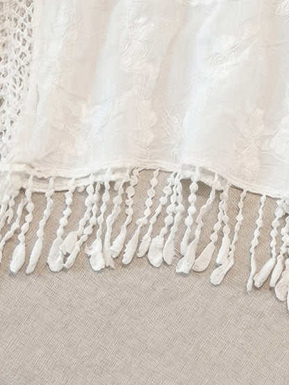 Effortless Cream Poncho Shirt for Women with Crochet Lace Fringe Hem Draped Style