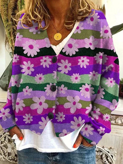 Cozy Floral Knit Cardigan for Women with V Neck Long Sleeve Striped Button Front Style