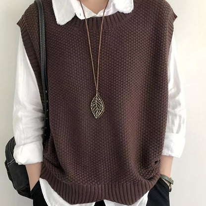Comfortable Chunky Knit Sweater Vest for Women with Crew Neck Sleeveless Ribbed Trim Relaxed Oversized Style