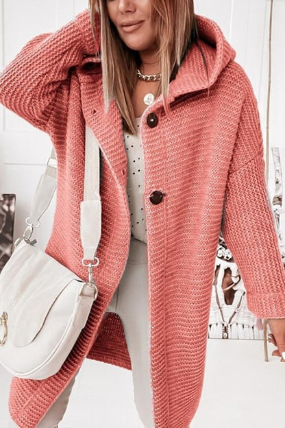 Cozy Long Knit Cardigan for Women with Hooded Neck Long Sleeve Button Front Duster Style