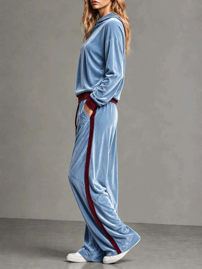 Cozy Velvet Colorblock Sweatsuit for Women with Hooded Long Sleeve Wide Leg Drawstring Two Piece Style