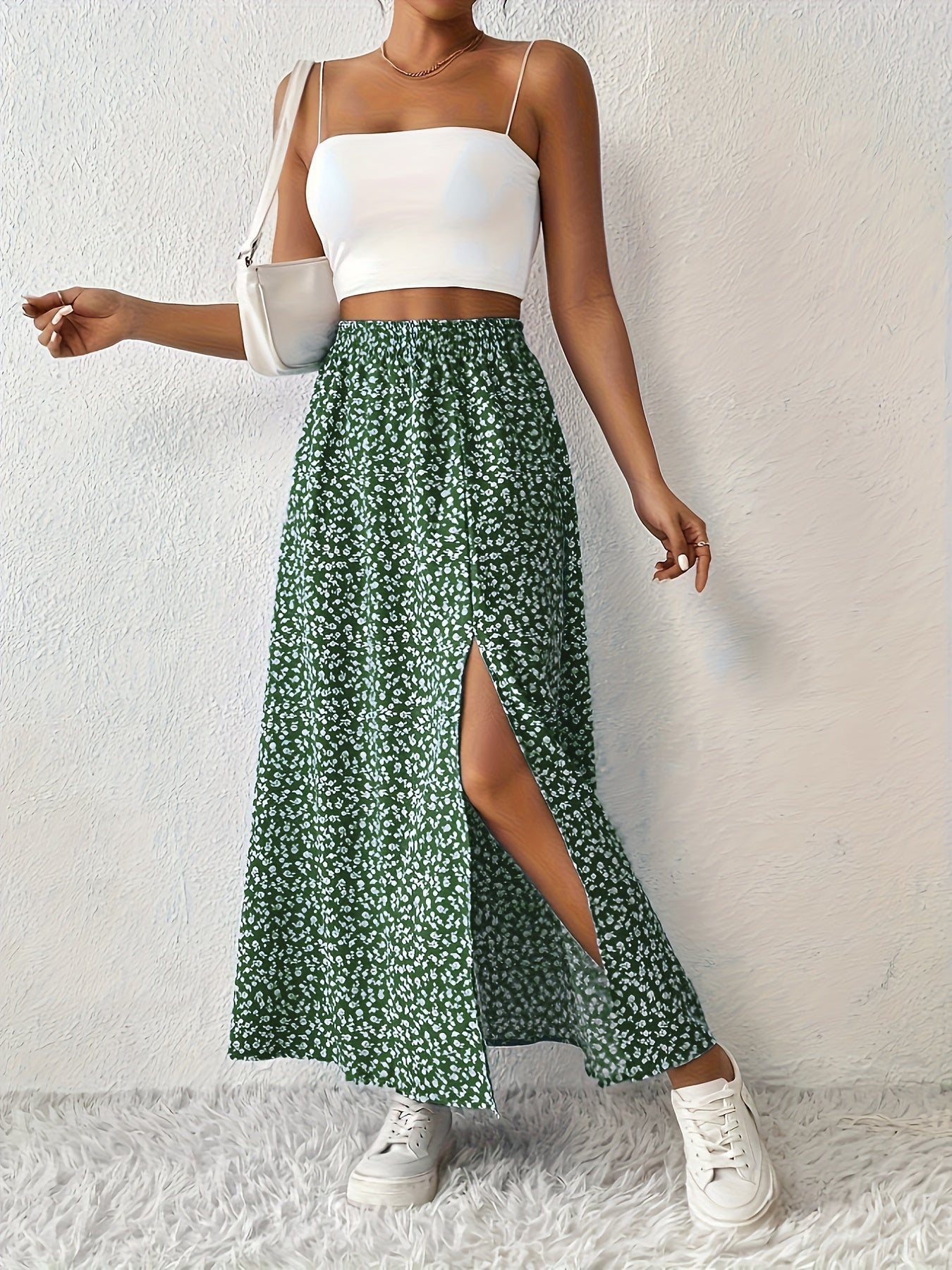 Effortless Blue Floral Maxi Skirt for Women with High Waist Side Slit Flowing Bohemian Style