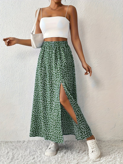 Effortless Blue Floral Maxi Skirt for Women with High Waist Side Slit Flowing Bohemian Style