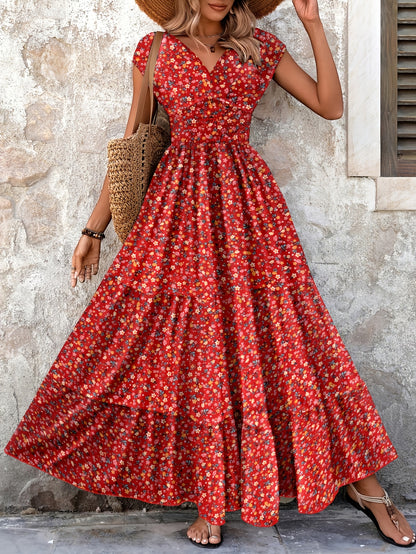 Effortless Floral Boho Dress for Women with V Neck Cap Sleeve Smocked Waist Tiered Flowing Style