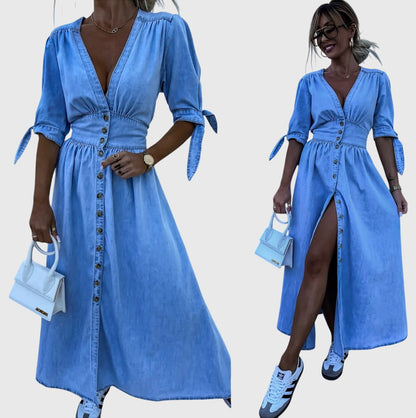 Effortless Denim Midi Dress for Women with V-Neck Button Front Elbow Sleeve Casual Style