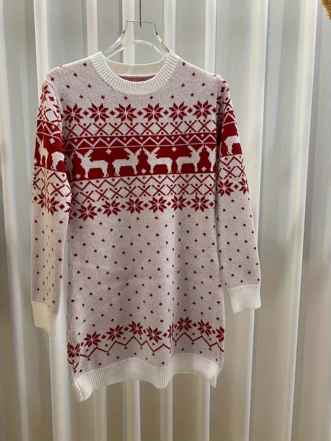 Cozy Fair Isle Women's Christmas Sweater Dress for Women with Crew Neck Long Sleeve Reindeer Bodycon Style