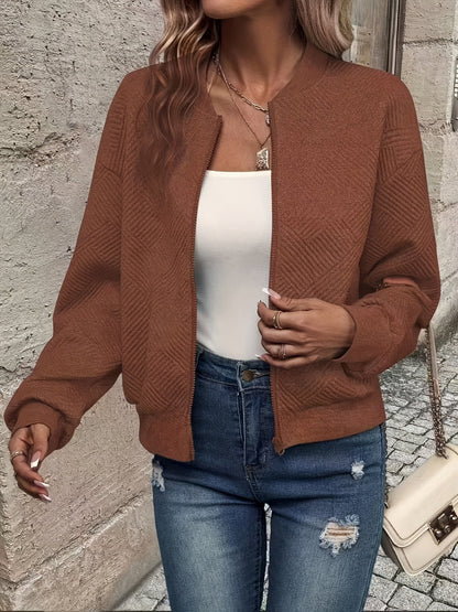 Effortless Quilted Bomber Jacket for Women with Crew Neck Long Sleeve Zip Front Cropped Casual Style
