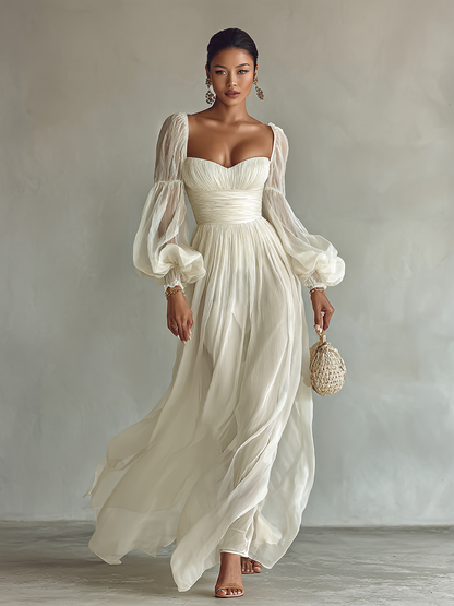 Elegant White Chiffon Maxi Dress for Women with Square Neck Puff Sleeve Ruched Waist Formal Wedding Guest Style