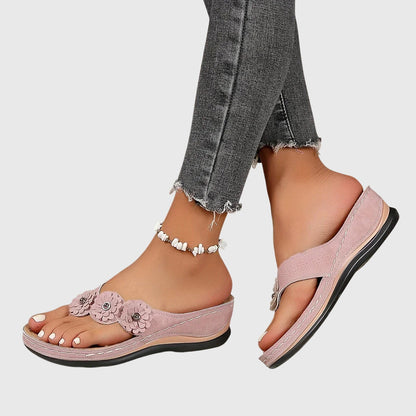 Comfortable Orthopedic Flip Flops for Women with Flower Detail Toe Loop Wedge Platform Casual Sandal Style
