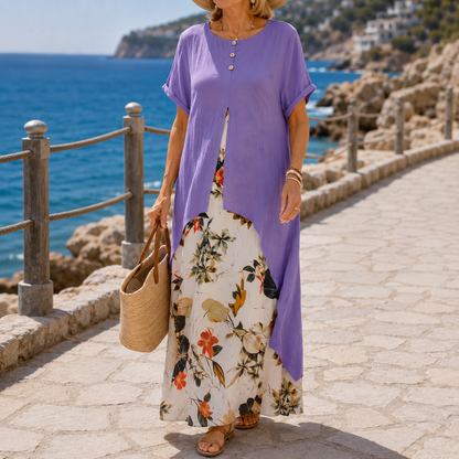 Effortless Floral Maxi Two Piece Set for Women with Round Neck Short Sleeve High Low Duster Fall Style