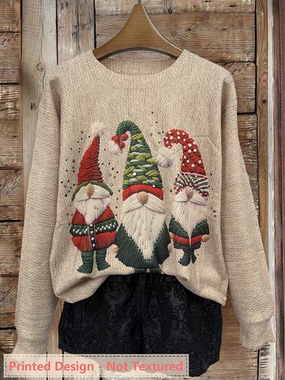 Cozy Embroidered Gnome Print Women's Christmas Sweater with Crew Neck Long Sleeve Oversized Knit Style