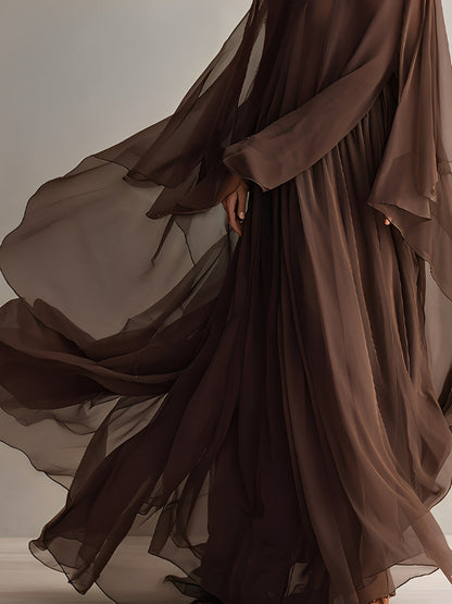 Elegant Brown Maxi Dress for Women with Turtleneck Cape Sleeve Flowing Chiffon Formal Wedding Guest Style