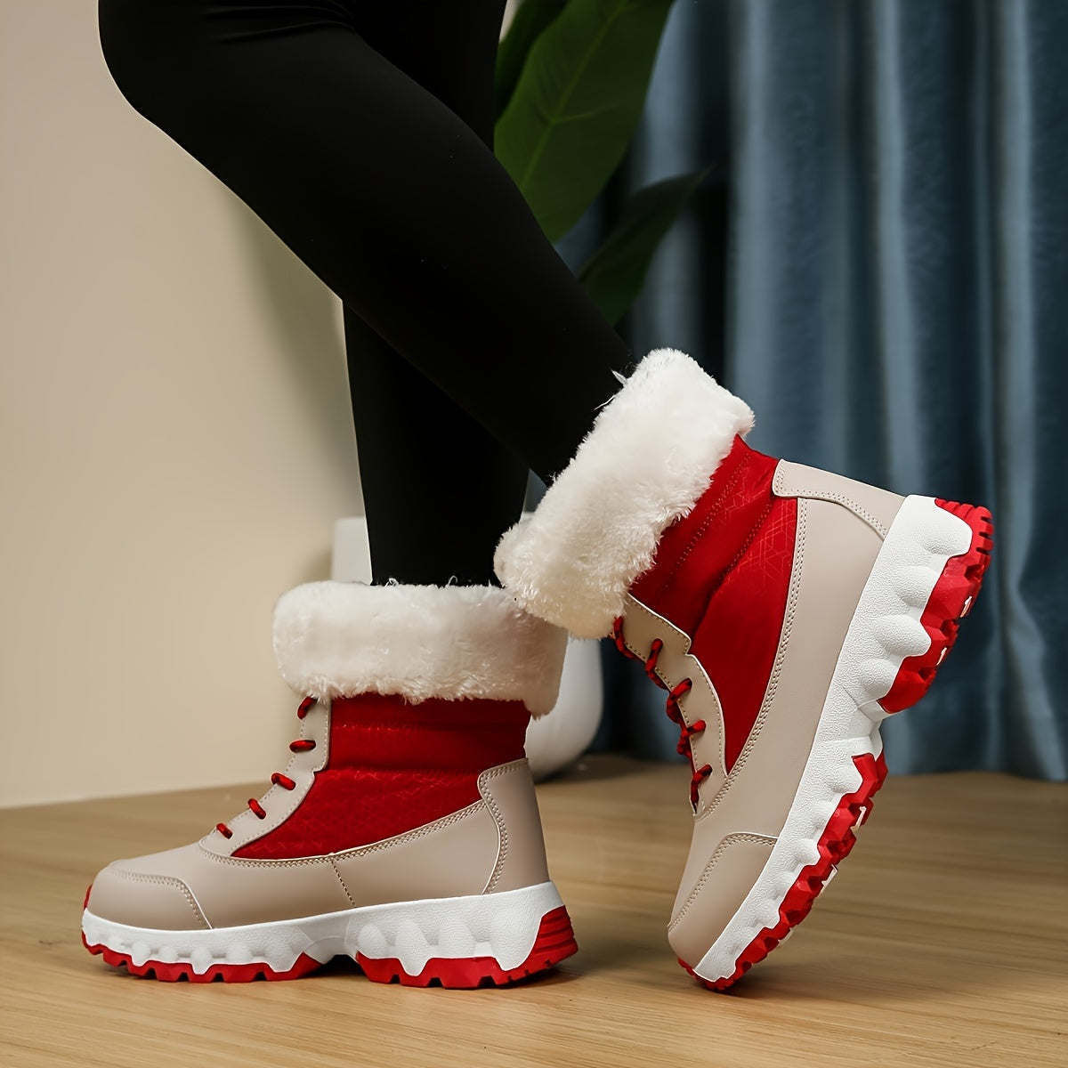 Warm Lace Up Snow Boots for Women with Faux Fur Cuff Chunky Grip Sole Winter Snowproof Style