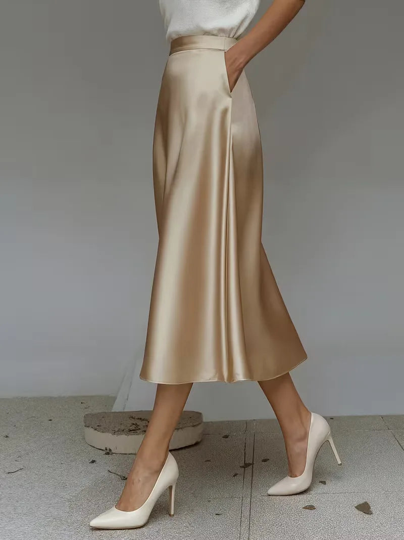 Elegant Satin Midi Skirt for Women with High Waist A Line Pocket Flowing Style