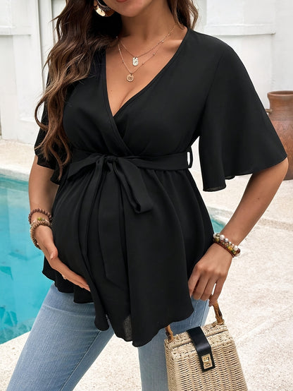 Effortless Maternity Wrap Blouse for Women with V Neck Flutter Sleeve Tie Waist Peplum Style
