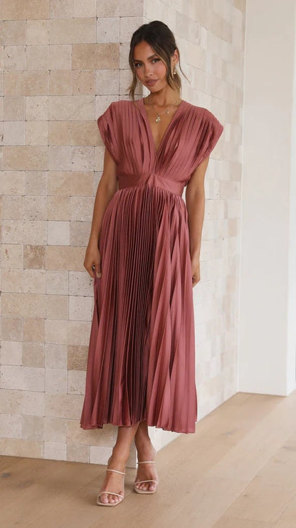 Elegant Pleated Midi Dress for Women with Deep V Neck Formal Wedding Guest Style
