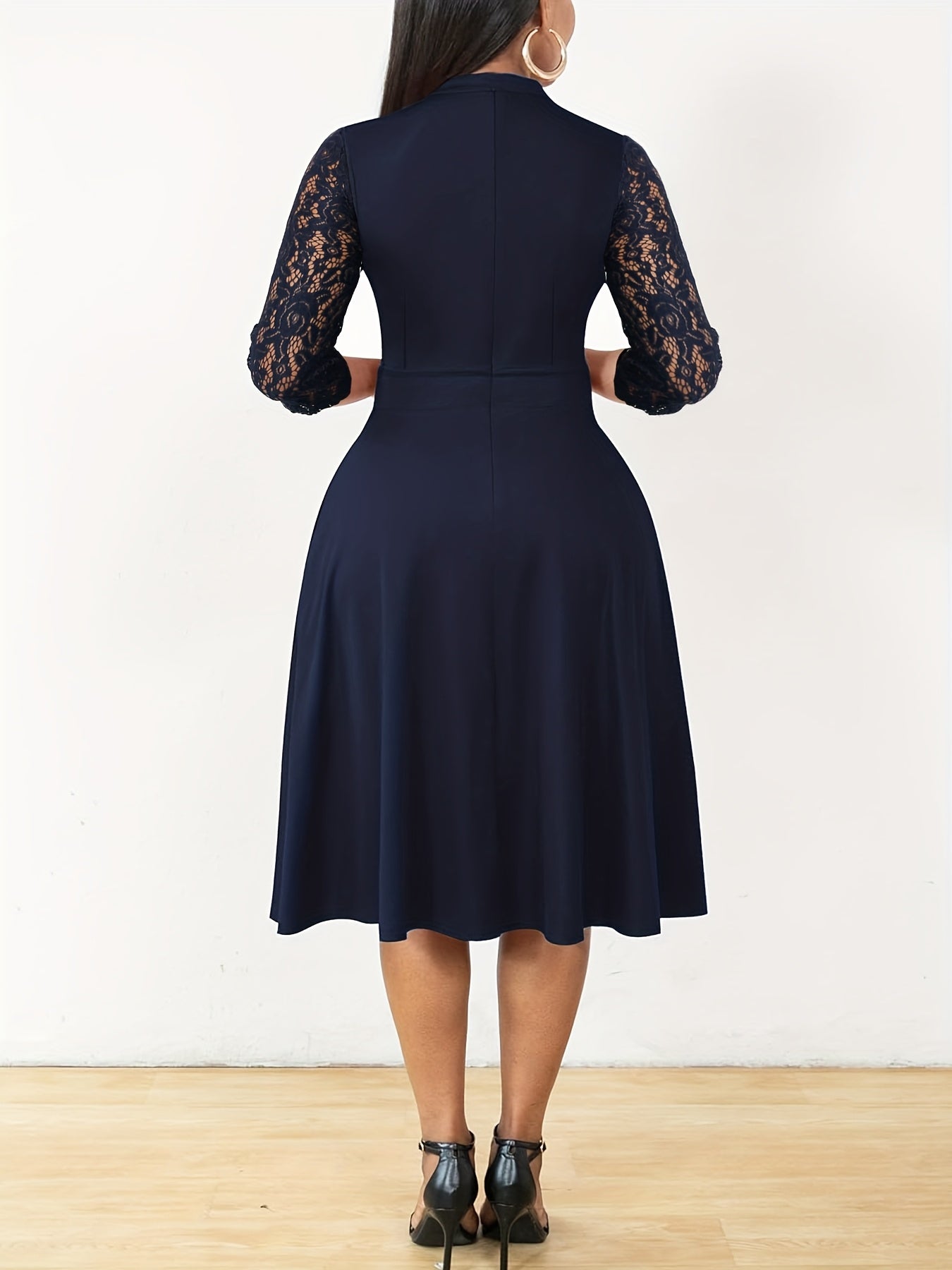 Elegant Lace Christmas Party Dress for Women with Notched Neck Three Quarter Sleeve Fit Flare Cocktail Style