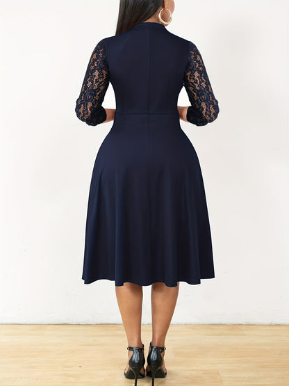 Elegant Lace Christmas Party Dress for Women with Notched Neck Three Quarter Sleeve Fit Flare Cocktail Style